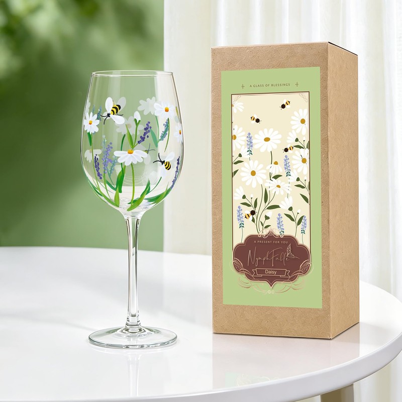 NymphFable Daisy Lavender Bee Hand-Painted Wine Glass for Her, 15