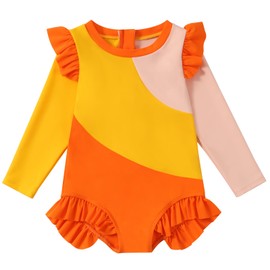 WISREMT Toddler Girl Swimsuit Long Sleeve Rash Guard One Piece Bathing Suit Color Block Zipper Sun Protection Kids Swimwear