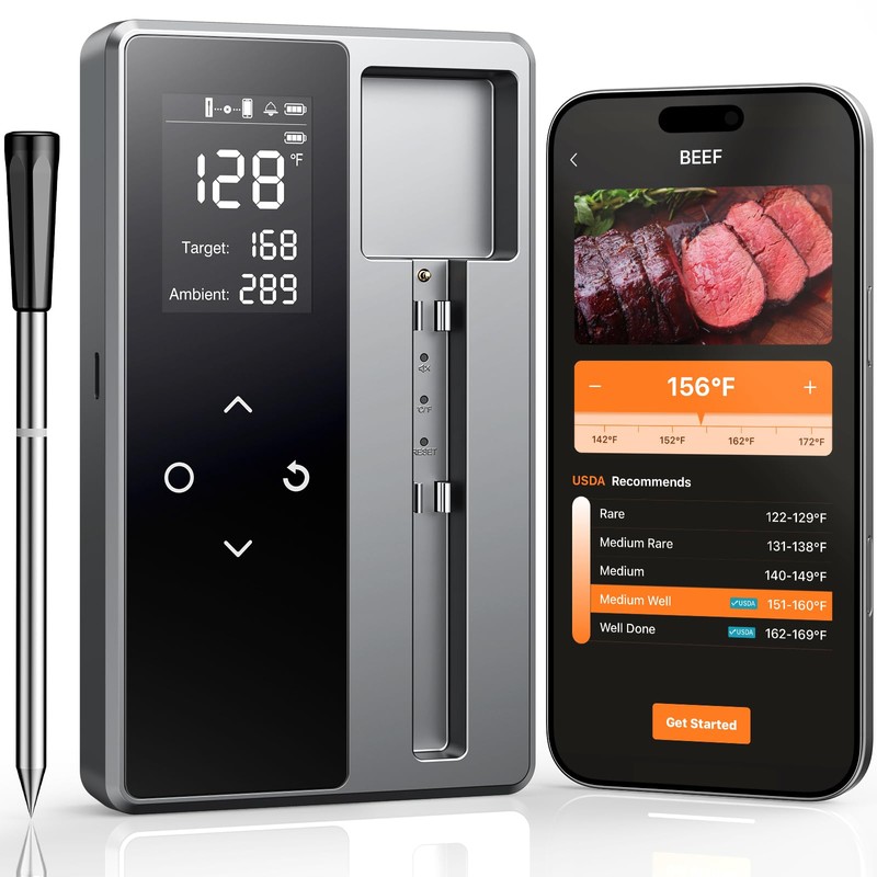 Termómetro inteligente inalámbrico Bluetooth para carne, base independiente, 6 sensores