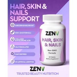 ZENV Hair Skin & Nails Tablets - 60ct Non-GMO Dietary Supplement with Biotin 5000mcg, Vitamin C, E & Pantothenic Acid