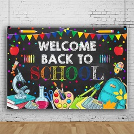 Canessioa Welcome Back to School Backdrop Colorful Classroom Blackboard Chalk Writing Backdrop Apple Bag Pencil Stationery Teacher Students Party Banner 10x8ft(300x240cm) Photo Studio Props