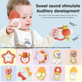 MARUMINE 10PCS Baby Rattles Teether Toys Set with Storage Box for 0-6 Months Newborn Boys Girls Grab N Shake