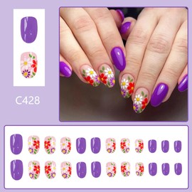 24Pcs Short Almond Press on Nails Purple Oval Fake Nails Colorful Floral Acrylic Glue on Nails with Designs Daisy Flowers Spring False Nails Glossy Reusable Stick on Nails for Women Manicure Tips