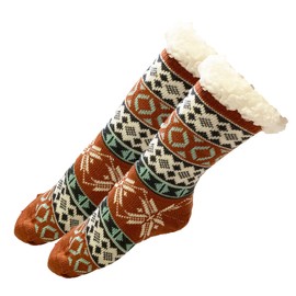 Yu Feng Womens Thick Knit Sherpa Fleece Slipper Socks Dark Brown Base Snowflakes 9-11