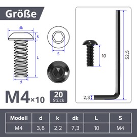 ORTAVA Pack of 20 M4 x 10 round head screws, ISO 7380, flat head screws, hexagon socket carbon steel, full thread with Allen keys