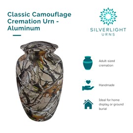 Classic Camouflage Cremation Urn for Ashes, Aluminum, Camouflage Urn, Adult Sized Cremation Urn, 10.5 Inches High