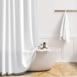 BTTN Stall Fabric Shower Curtain - 54x72 Inches Boho Linen Heavy Duty Tassel Shower Curtain Set with 10 Hooks, Narrow Rustic Modern Farmhouse Neutral Thick Cloth Shower Curtains for Bathroom - White