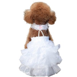 WORDERFUL Dog Wedding Dress Bride Outfit with Pearl Necklace and Rose Pet Princess Formal Apparel for Puppy Cat (S)