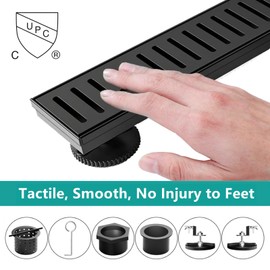 BARONAGE 24 Inch Linear Shower Drain, with Removable Capsule Pattern Grate, Rectangle Shower Floor Drain 304 Stainless Steel Bathroom Linear Drain Black Include Adjustable Feet, Hair Strainer
