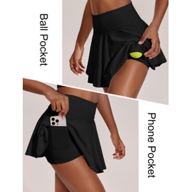 PINSPARK Women's Tennis Skirts Tummy Control Golf Skorts with Shorts High Waist Black Mini Skirt with Pockets XS