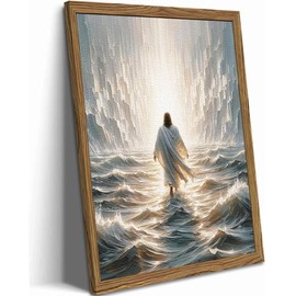 Framed 3D Textured Christian Wall Art, Jesus Walking on Water Wall Decor Paintings, Hand-Drawn Sandstone Walk with Christ Pictures Religious Home Decor for Living Room Church Prayer Room 12x16 inch
