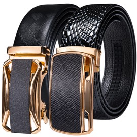Barry.Wang Mens Ratchet Belt 2 Pack Black Leather Belts Gold Buckles Slide Adjustable Strap Golf Business Party Trim To Fit