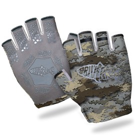 Riverruns SwiftShield Fishing Gloves Shortened Wrist UPF50+ Sun Gloves Fingerless Lightweight Breathable Hiking Driving Kayaking Paddling(CamoGray,L)
