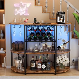 VICTONE Wine Bar Cabinet with LED Lights and Power Outlets, Freestanding Liquor Bar Cabinet Table with Glass Holder Wine Rack Table Mini Bar for Home Kitchen Dining Room