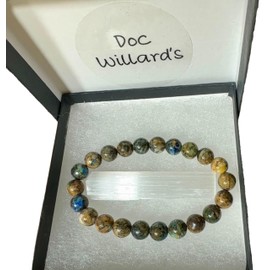 Phoenix Stone 8mm Crystal Bracelet gift set with a piece of raw selenite for cleansing and charging your crystals and 3 informational cards. Metaphysical Healing Crystal Stretch Bracelet 7.25-7.50