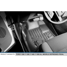 MAXLINER Floor Mats 2 Row Liner Set Black for 2011-2012 Ford F-250 / F-350 / F-450 / F-550 Super Duty SuperCab with Depresed Drivers Side Pedal