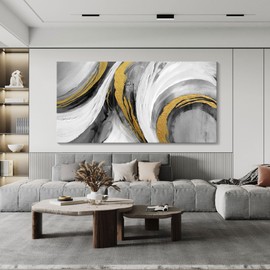 CHATYOUNG Abstract Canvas Wall Art - Large Wall Pictures for Living Room Black and White Gold Tones Hand Drawn Textures Ink Graffiti Modern Artwork 24x48 In Home Bedroom Study Office Hallway