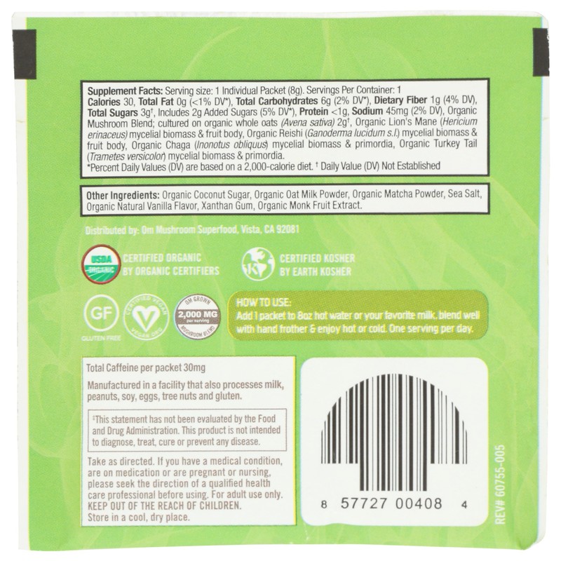 Om Mushroom Superfood Organic Mushroom Matcha Latte Blend, 0.28 OZ