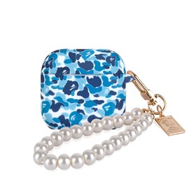 CameCosy Compatible for AirPods 4th Generation Case with Pearl Wrist Keychain, Unique Camouflage Camo Design Women Men Soft TPU Protective Skin Cover for AirPods 4 (2024) -Blue