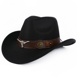 TOLASTO Black Cowboy Hat Wool Felt Western Hat Wide Brim Trilby Fedora Hat Jazz Cap Cowgirl Bush Hat Vintage ShapeableOutback Hat with Buckle Band Adjustable Derby Party Hat,for Men/Women, M/56-58cm