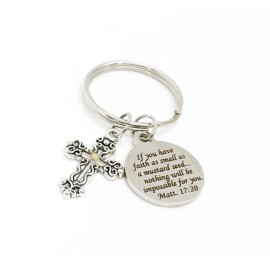 JKCE Designs Mustard Seed Small Ornate Cross Keychain, Mustard Seed Faith, Matthew 17 20