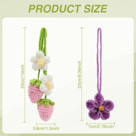 2 PCS Crochet Flower Car Hanging Ornaments, Strawberry and Hibiscus Flower Cute Rearview Mirror Hanging Bag Charms Decor Accessories for Women Girls