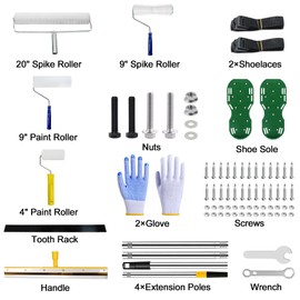 Self-Leveling Tool Kit with Rake, Spiked Roller, Spiked Shoes and 58'' Extension Pole for Epoxy Flooring and Concrete Floor Leveling (Yellow Pole)