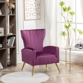 Container Furniture Direct Armchair Modern Velvet Accent Chair, Channel Tufted Bedroom, Office or Living Room Furniture with Elegant Metal Legs, Purple