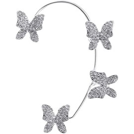 BSLVWG 2Pcs Glitter Rhinestone Butterfly Ear Cuff Vintage Non-Piercing Fake Earrings Bridal Wedding Climber Ear Wrap Prom Ball Ear Jewelry for Women Girls (silver)