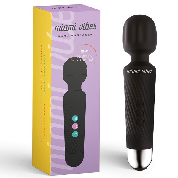 Miami Vibes Wand Massager- Powerful & Quiet Personal Massager w. 8 Speeds & 20 Vibration Settings, Waterproof, Soft Silicone - Black