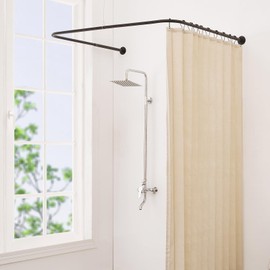 Yampos U Shaped Shower Curtain Rod, [Both Sides: 23.6"-52", Middle: 31"-47"] Adjustable U Shape Outdoor Shower Rod Corner Curtain Pole for Bathroom Bathtub with 12 Hooks & Ceiling Support