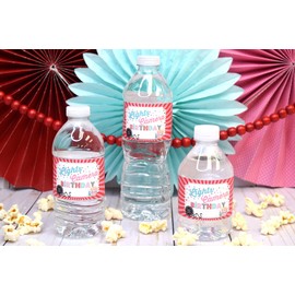Movie Night Pink & Red Birthday Themed Waterproof Water Bottle Sticker Wrappers 20 Wrap Around Labels Sized 1.75" x 8.5" by AmandaCreation