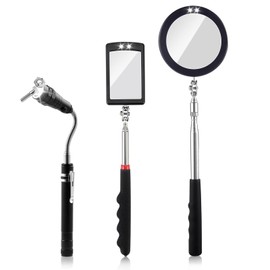 Rechabite 3 Pack Telescoping Inspection Mirrors LED Light & Magnet Flashlight Pickup Tool Set, Large 3.75" Round, 3.3" Square Mirror, for Inspection Viewing, Mechanic Checking, Observation