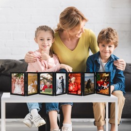 Sintuff 7 Picture Frame 5 x 7 Folding Hinged Picture Frames Foldable Photo High Definition Natural Wood Rustic Desktop Acrylic Mounts for Christmas Family Birthday Gifts Wall Decor, Black