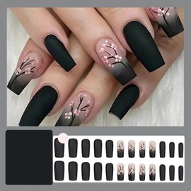 ZASKHLD Black Press on Nails Medium Square Fake Nails Matte Pink Flowers Acrylic Glue on Nails Black Pink Gradient Reusable Artificial Acrylic Nails for Women Girls Manicure Nail Decoration 24Pcs