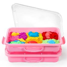 Sandpit Sensory Bin with Lid and Handle, Portable Sensory Sandbox Container for Children, Plastic Activity Tray for Toddlers, Pack of 2, Pink