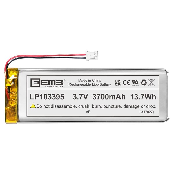 EEMB Lithium Polymer Battery 3.7V 3700mAh 103395 Lipo Rechargeable Battery Pack with Wire JST Connector for Speaker and Wireless Device- Confirm Device & Connector Polarity Before Purchase
