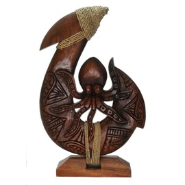 Myriahs 13" Tall Hand Carved Wood He'e Octopus Hawaiian Makau Fish Hook on Base