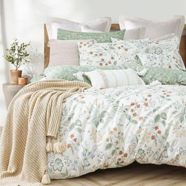 Lanqinglv Bed Linen Set, 135 x 200 cm, Green/White, Leaves, Flowers, Plants, Reversible, Colourful Duvet Cover with Zip, 1 Pillowcase 80 x 80 cm, Oeko-Tex Certified & Suitable for Allergy Sufferers