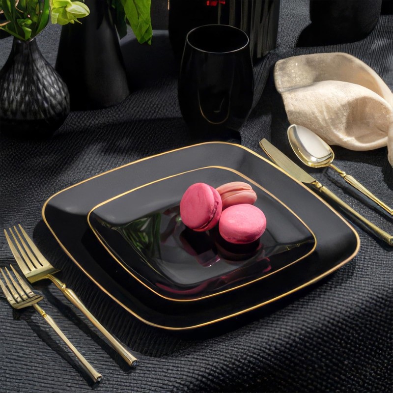 Black Gold Rim Square Organic Plastic Tray - 14" (Pack