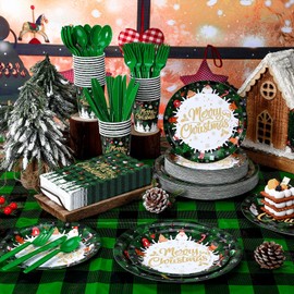Dandat 402 Pcs Christmas Plates and Napkins Party Supplies Disposable Christmas Table Dinnerware Set Christmas Party Plates Napkins Cups Tablecloth for Holiday Xmas (Merry, Green)