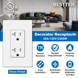 BESTTEN 10 Pack 20 Amp Receptacle Outlet with Tamper Resistant, Screwless Wallplate Included, 20A/125V/2500W, UL Listed, White