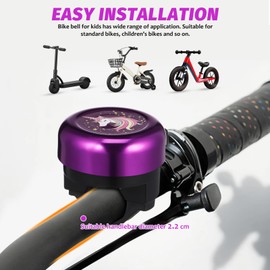 Sewroro Unicorn Bike Bell Purple Bicycle Handlebar Bell with Loud Clear Sound Cycle Ring for Mountain Road Bike Scooter Ebike