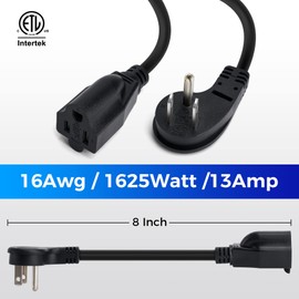 8 inch S Flat Plug Short Power Extension Cord Outlet Saver 2 Pack, Low Profile 3 Prong Power Cable Strip, 45 Degree Plug Design, Male Plug to Female Socket Adapter, ETL Listed, 16AWG, SJTW 13A 1625W
