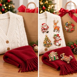 Christmas Enamel Rhinestone Brooch – Santa, Snowman, Cat and Deer Holiday Animal Pins for Coats, Scarves and Gifts