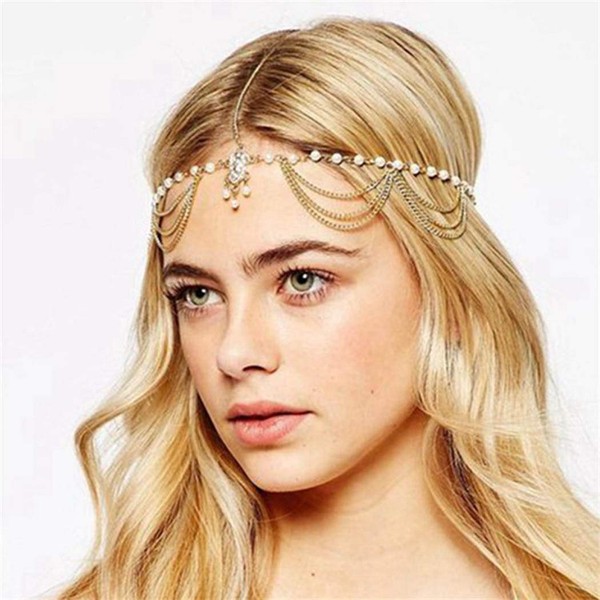 Zehope Boho Pearl Hair Chain Gold Tassel Headpiece Gypsy Festival Wedding Hair Accessories for Women and Girls