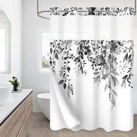 Gibelle No Hook Shower Curtain with Snap-in Fabric Liner Set for Bathroom, Hotel Style Black Eucalyptus Leaves Shower Curtain with See Through Top Window, Waterproof & Washable, 72x74
