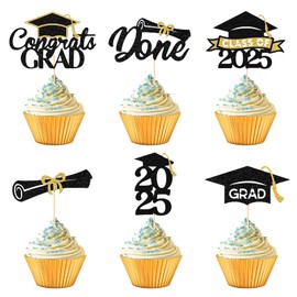 Moorle 24 Stück 2025 Graduation Cupcake Toppers, Schwarz Gold Abschlussfeier Cupcake Toppers, Glitzer 2025 Abschluss Tortendeko, Bachelor Hut Deko, Abschluss Party Dekoration
