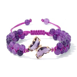 GolbalJew Natural Amethyst Bracelet for Women Healing Crystal Stone Bracelets Adjustable Braided Butterfly Charms Purple Gemstone Beads Bracelet Jewelry Women Gift
