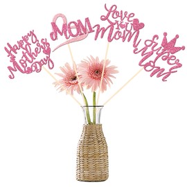12 PCS Happy Mother's Day Centerpiece Sticks Double Sided Glitter Love Super Mom Best Mom Centerpieces for Happy Mother's Day Theme Table Flower Decorations Women Birthday Party Supplies Pink